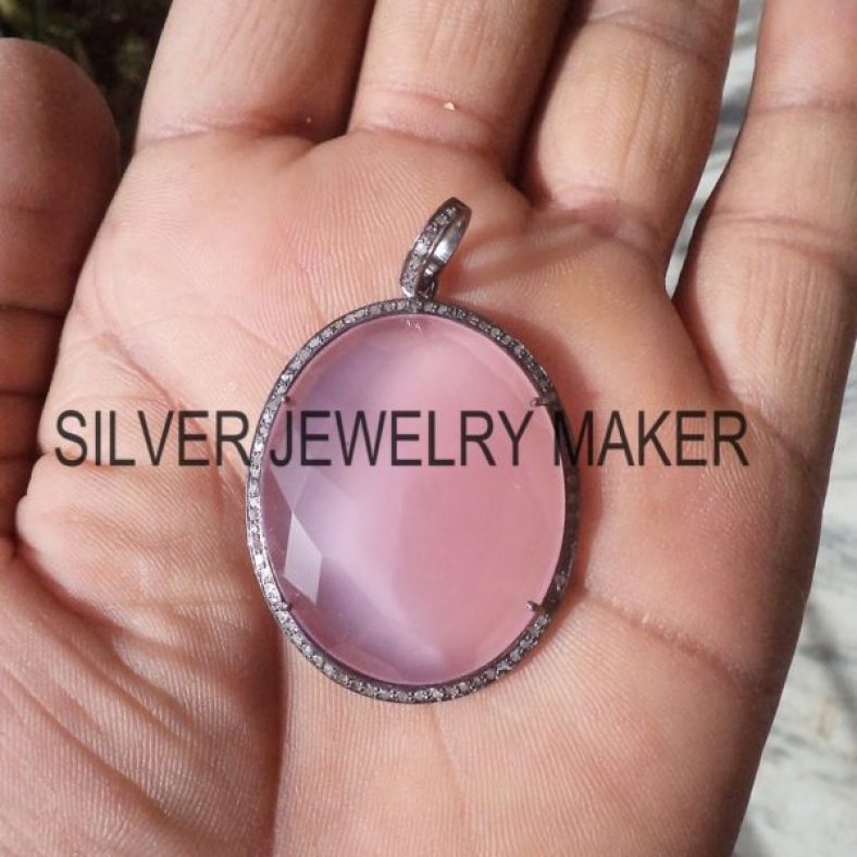 Natural Pave Diamond Handmade 925 Sterling Silver Pink Gemstone Pendant Jewelry