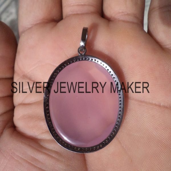Natural Pave Diamond Handmade 925 Sterling Silver Pink Gemstone Pendant Jewelry