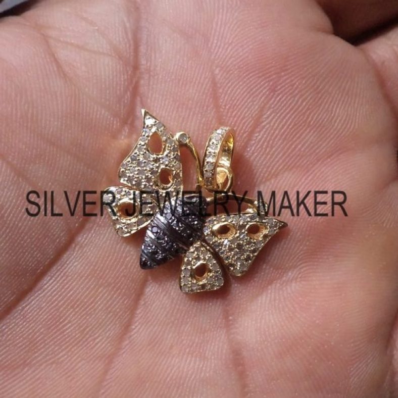 925 Sterling Silver Pave Black Diamond Butterfly Designer Pendant,Butterfly Pendant