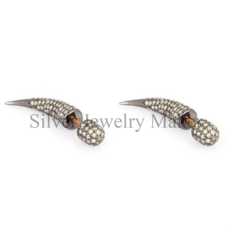 Pave Diamond Horn Stud Earrings 925 Sterling Silver Jewelry