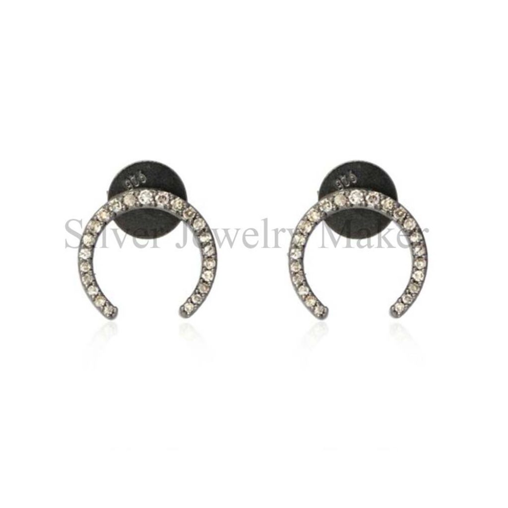 Sterling Silver pave Natural Diamond Horn Stud Earrings 14K Yellow Gold Jewelry