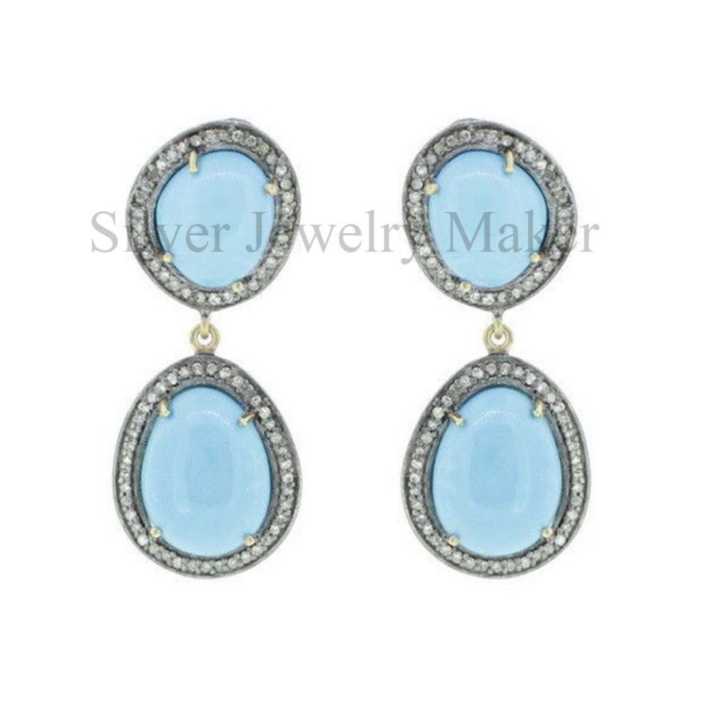 Turquoise Gemstone Dangle Earrings Pave Diamond 925 Sterling Silver Jewelry