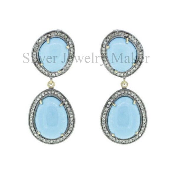 Turquoise Gemstone Dangle Earrings Pave Diamond 925 Sterling Silver Jewelry