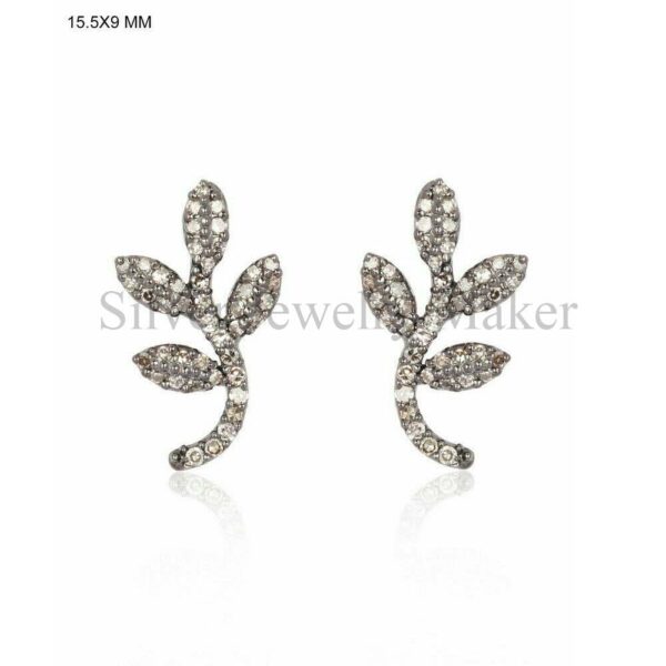 Pave Diamond Plant Stud Earrings 925 Sterling Silver Fine Jewelry