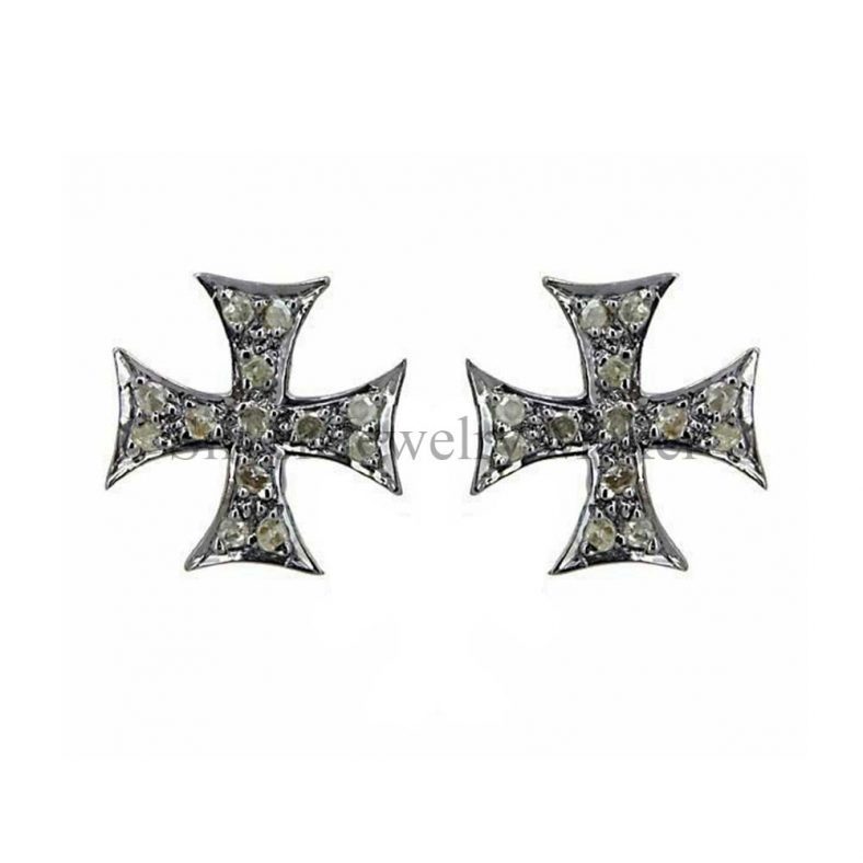 Pave Diamond Cross Stud Earring 925 Sterling Silver Fine Jewelry