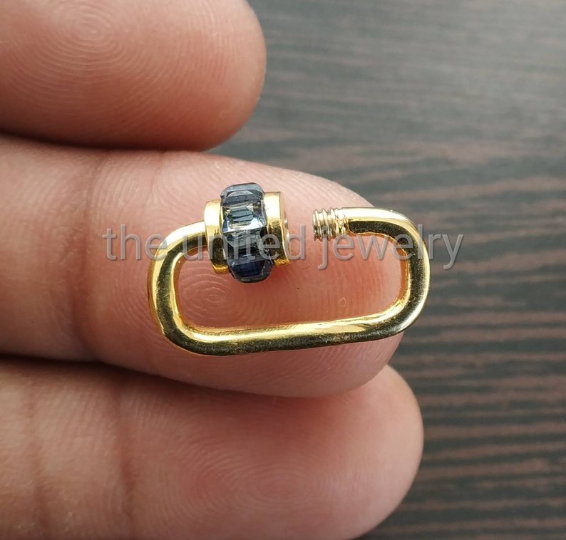 20 mm 14k Yellow Gold Plating Designer 925 Sterling Silver Blue Sapphire Baguette Carabiner Lockiton Lock Finding Necklace Pendant Jewelry