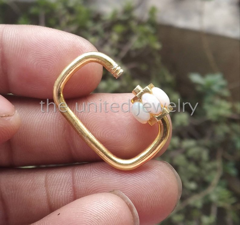 30 mm Opal Yellow Gold Plating Solid Sterling Silver Opal Mini Carabiner Lock, Handmade Carabiner Lock Jewelry