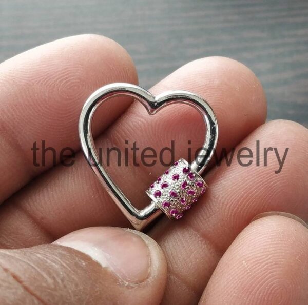 25mm Natural Ruby Heart Shape Carbiner Lock Bracelet Necklace Pendant Lock 925 Sterling Silver Jewelry