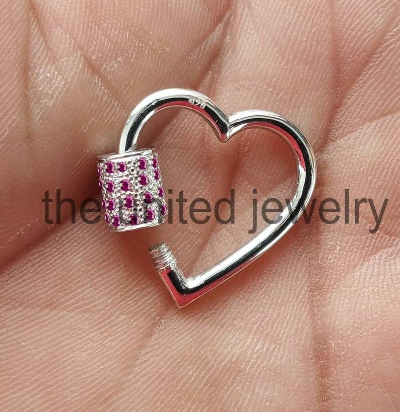 25mm Natural Ruby Heart Shape Carbiner Lock Bracelet Necklace Pendant Lock 925 Sterling Silver Jewelry