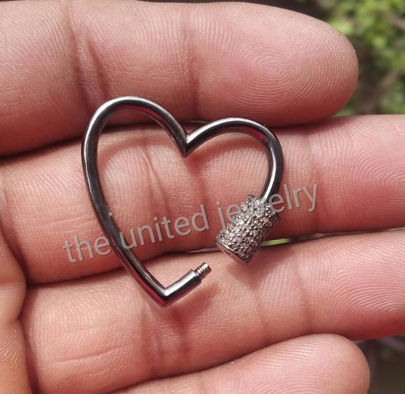30mm Pave Diamond Heart Shape Carbiner Lock 925 Sterling Silver Natural Pave Diamond Jewelry