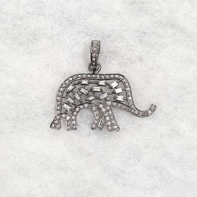 Handmade 925 Sterling Silver Pave Diamond Baguettes Elephant Pendant Jewelry