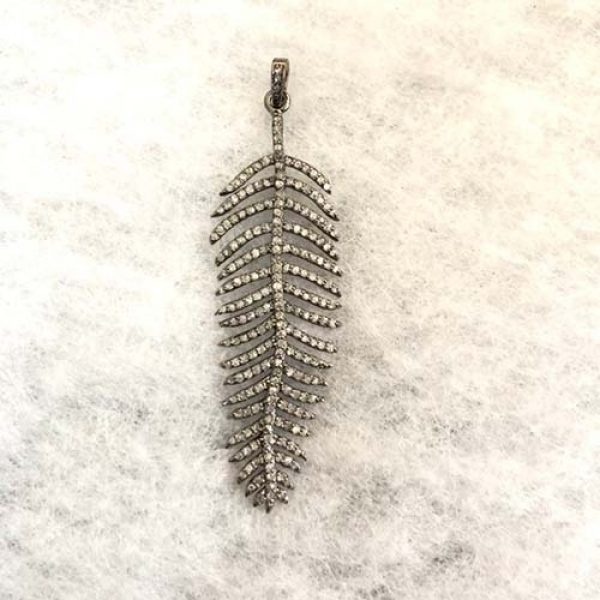 Handmade 925 Sterling Silver Pave Diamond Feather Pendant Jewelry