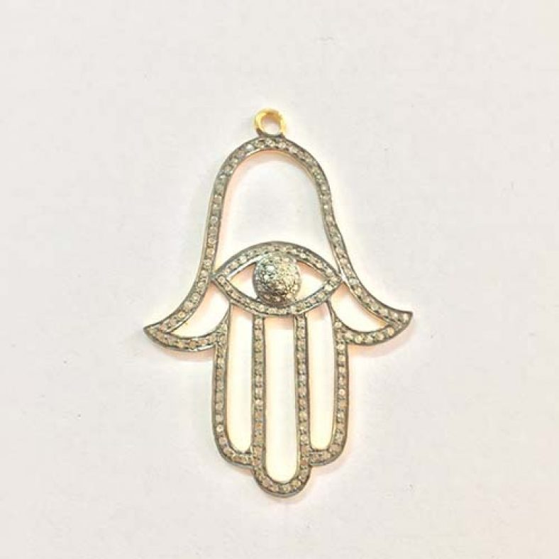 925 Sterling Silver Pave Diamond Hamsa Hand Evil Eye Pendant Jewelry
