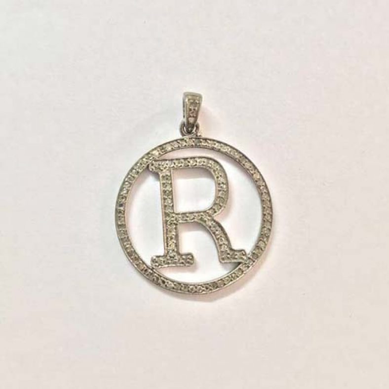 Handmade 925 Sterling Silver Pave Diamond R Pendant Jewelry