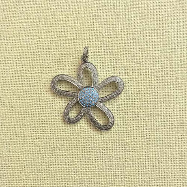 925 Sterling Silver Pave Diamond Turquoise Flower Pendant Jewelry