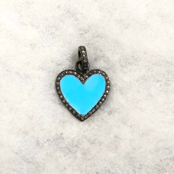 925 Sterling Silver Pave Diamond Blue Enamel Heart Pendant Jewelry