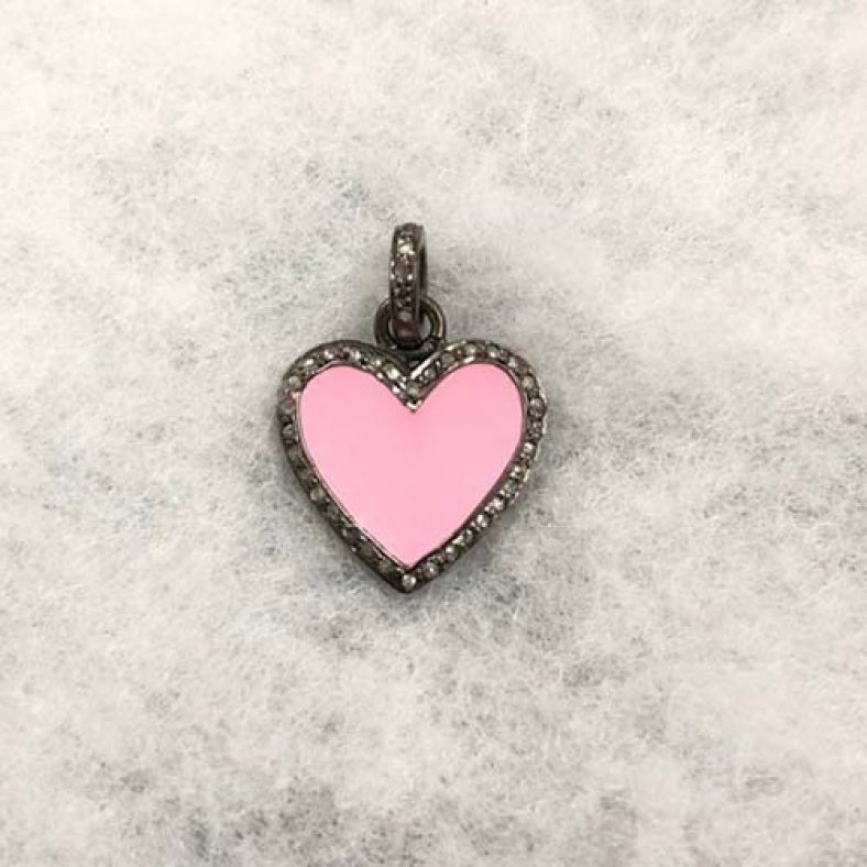 Handmade Sterling Silver Pave Diamond Pink Enamel Heart Pendant