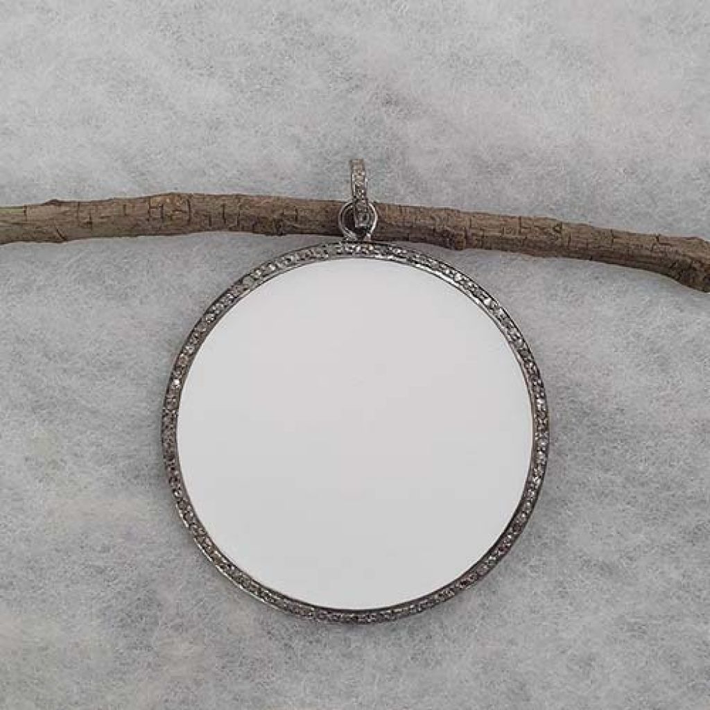 Handmade 925 Sterling Silver Pave Diamond White Enamel Disc Pendant Jewelry