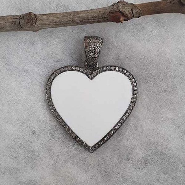 Handmade Designer 925 Sterling Silver Pave Diamond White Enamel Heart Pendant
