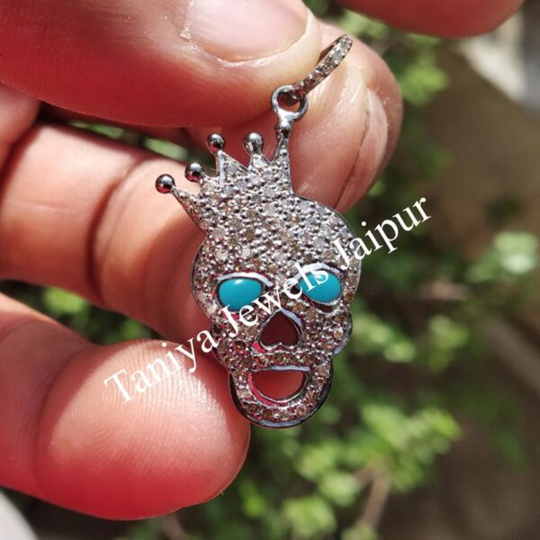 Turquoise 925 Sterling Silver Skull Shape Pave Diamond Pendant Jewelry, Diamond Skull Pendant, Silver Skull Jewelry