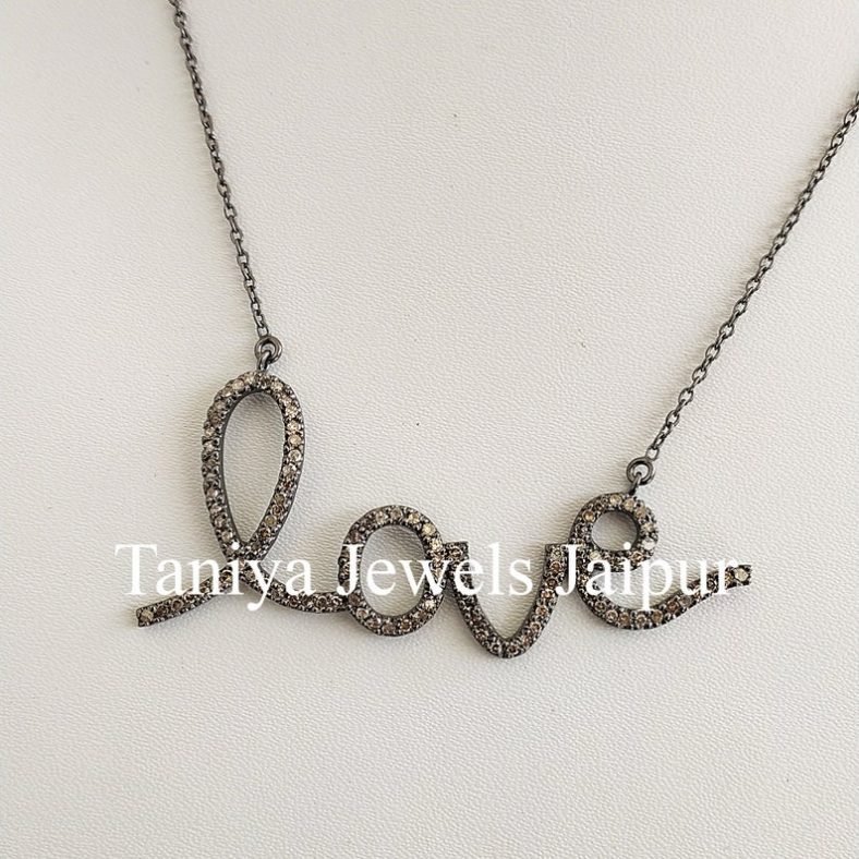 Valentine Day Gift!! 925 Sterling Silver Love Shape Pave Diamond Pendant Jewelry, Love initial Necklace