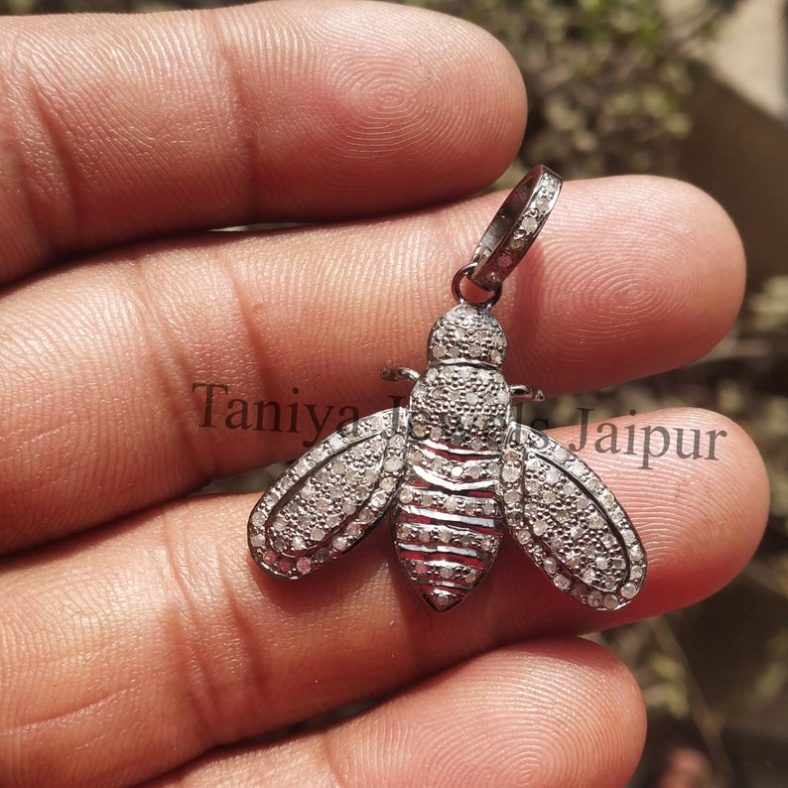 Diamond Bee Charms Pendant, Silver Pave Diamond Bee Charms Pendant Jewelry, Silver Bee Charms Jewelry