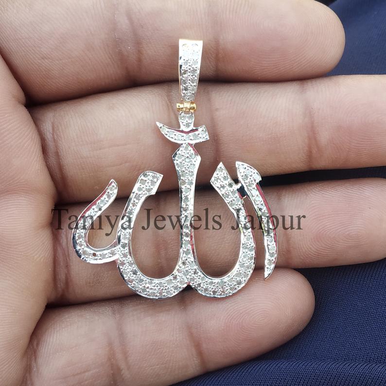 Natural Diamond Pave ALLAH Sign Pendant Solid 925 Sterling Silver Jewelry, Silver Allah Pendant, Diamond Allah Pendant