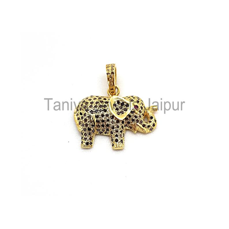 Yellow Gold Plating Handmade Black Spinel Elephant Pendant Silver Jewelry, Sterling Silver Handmade Elephant Charms Pendant