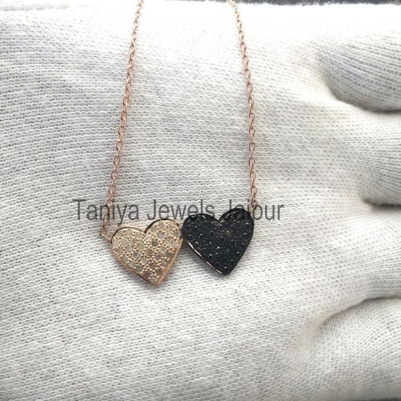 Sterling Silver Pave Diamond With Black Spinel Double Heart Pendant Jewelry, Sterling Silver Heart Pendant, Diamond Heart Pendant