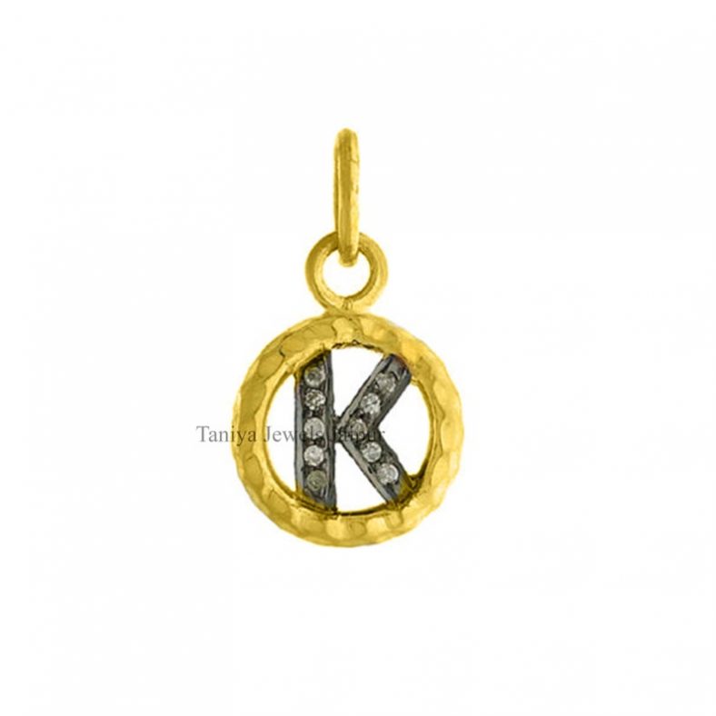 Pave Diamond "K" initial Round Charm Pendant 925 Silver Jewelry, Sterling Silver "K" Alphabet Charms, Silver Diamond Charms Pendant