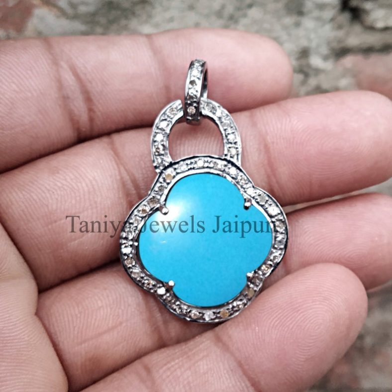 Turquoise Pave Diamond Sterling Silver Handmade Clover Charms Pendant Jewelry, Clover Pendant Jewelry, Silver Clover, Turquoise Clover