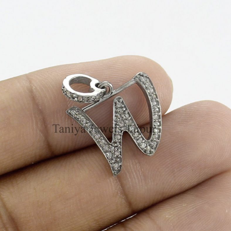 Pave Diamond "W" Shape initial Design Charm Pendant .925 Sterling Silver Jewelry, Sterling Silver Diamond Charms Jewelry