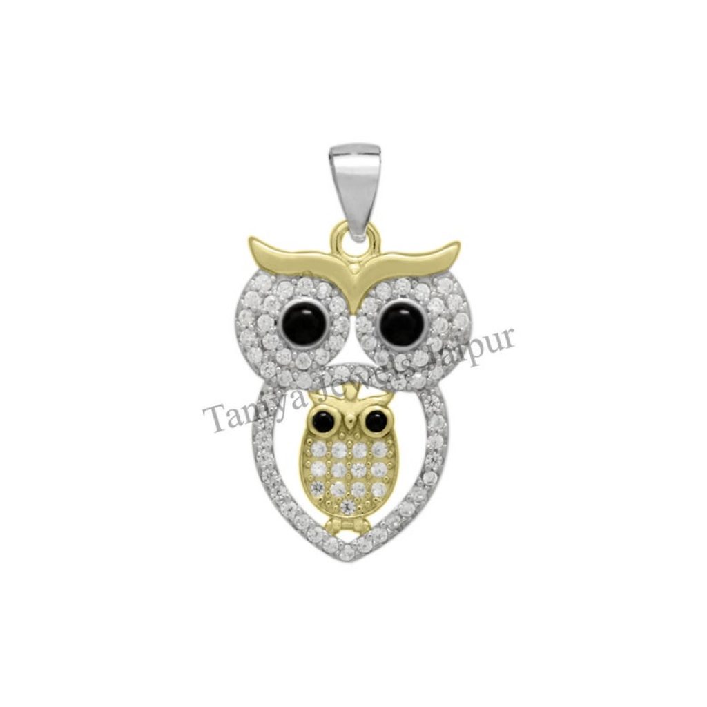 Handmade Sterling Silver Black Onyx Pave Diamond Designer Owl Pendant Jewelry, Pave Diamond Two Tone Plated Owl Pendant Jewelry