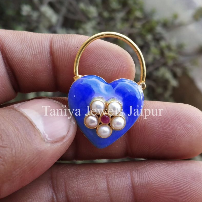 Blue Color Enamel Handmade Heart Shape Designer Pearl Ruby Padlock Jewelry, Enamel Heart Padlock Jewelry