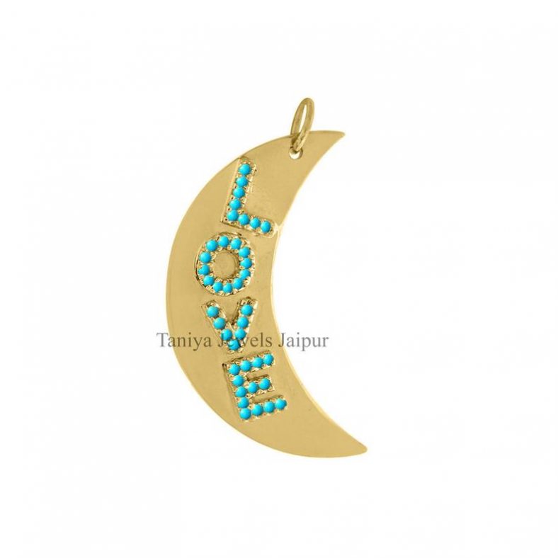Turquoise Sterling Silver Half Moon Pendant Jewelry, Yellow Gold Plating Turquoise Half Moon Crescent Pendant Jewelry