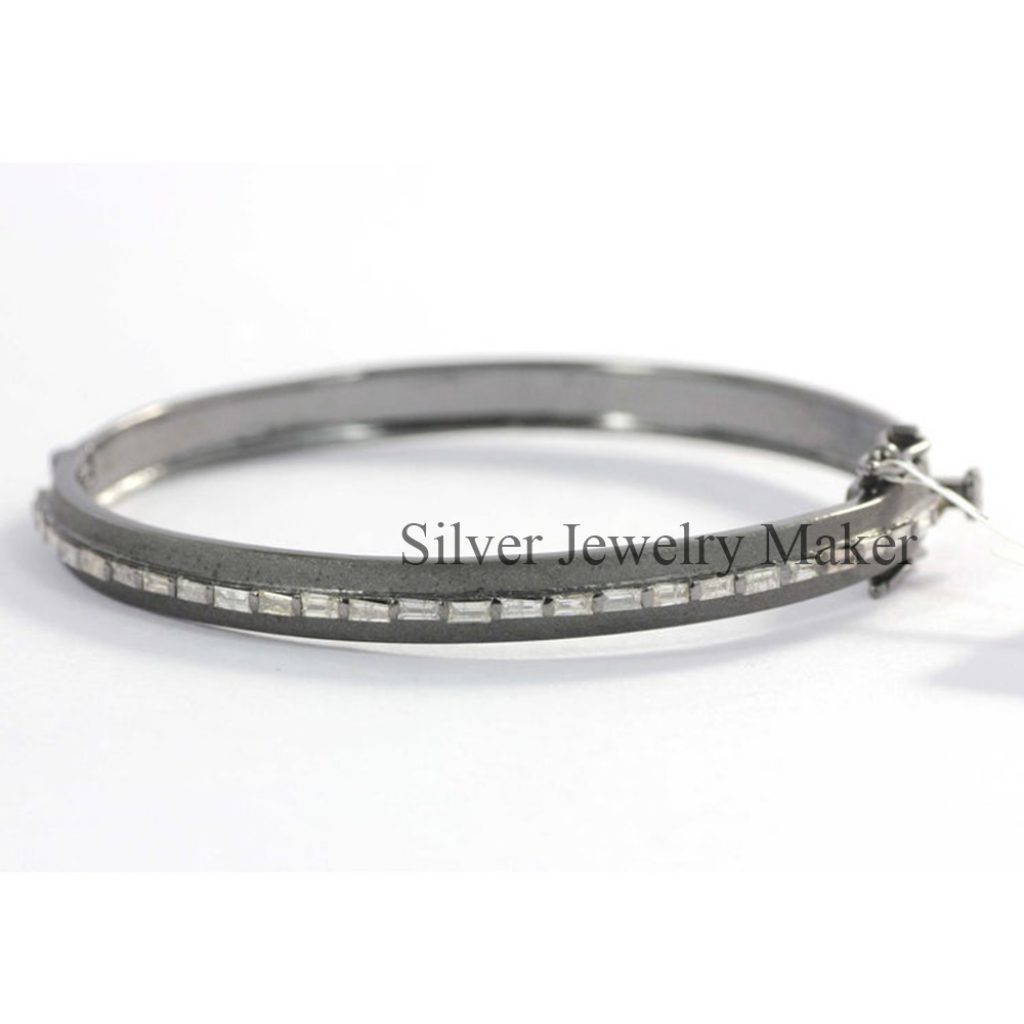 Sterling Silver Handmade 925 Pave Diamond Baguette Handmade Bangle Bracelet Jewelry