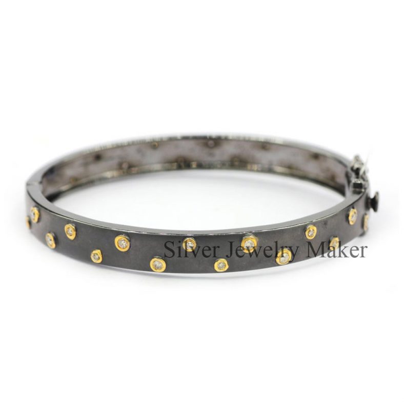 925 Oxidized Sterling Silver Diamond Bracelet, Genuine handmade pave diamond Bracelet