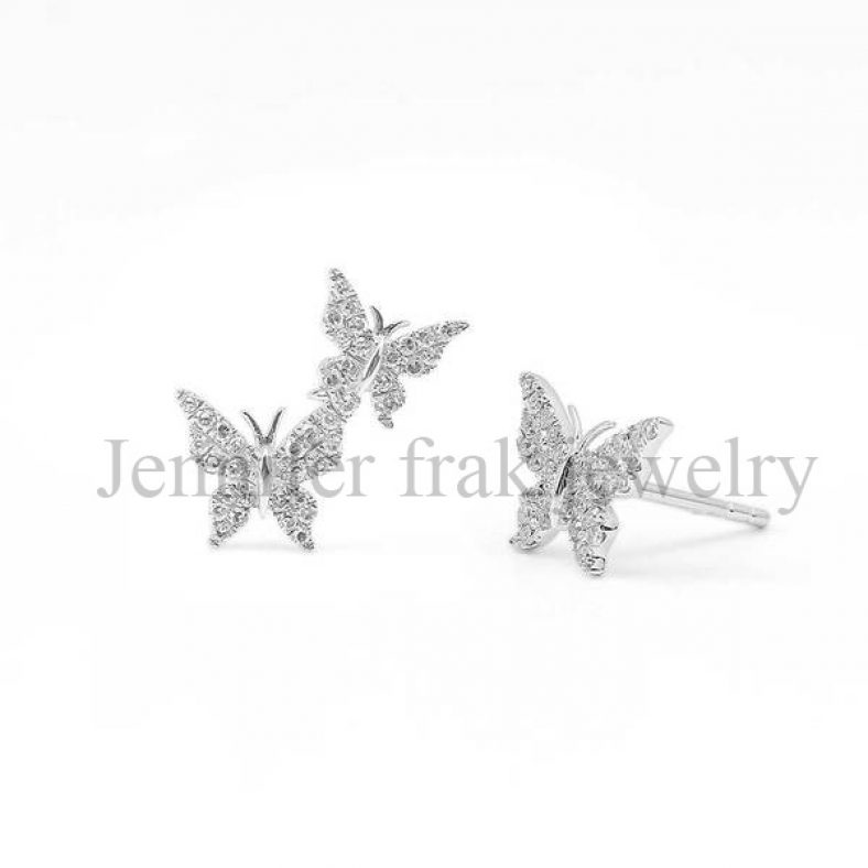 Pave Diamond Butterfly Shape Sterling Silver Stud Earrings