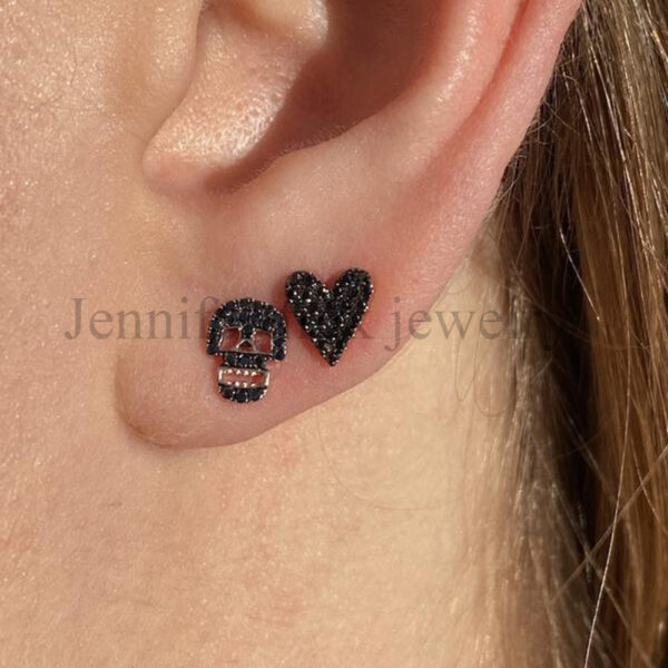 Black Spinel Handmade Heart Shape with Skull Stud Earrings