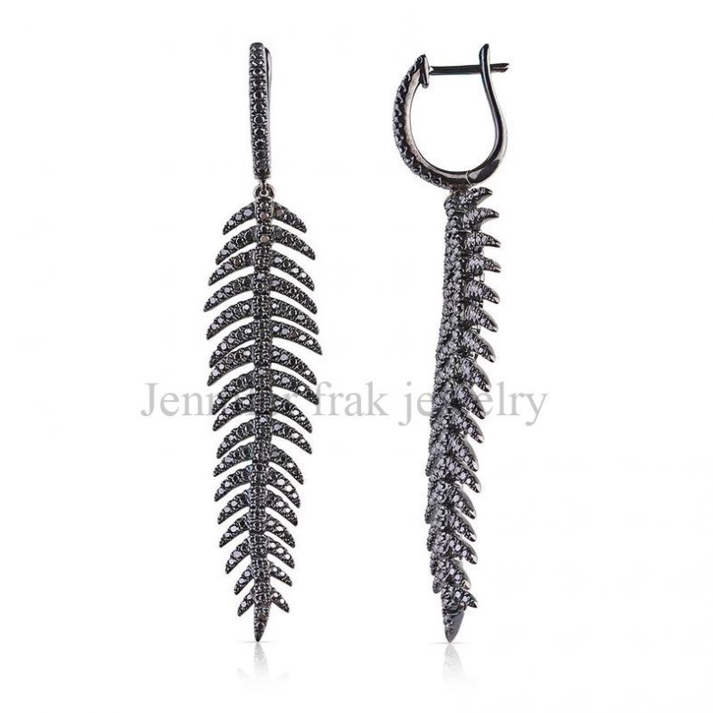 Black Spinel Sterling Silver Leaf Earrings Jewelry