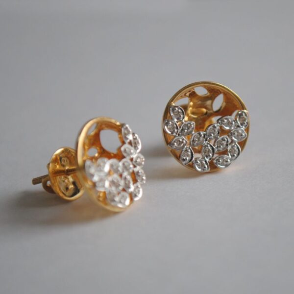 Diamond Earrings. Small Concave Circle Studs. 14K Gold Diamond 3D Studs. Crescent Moon. Diamond Leaf Earring. Screw Back