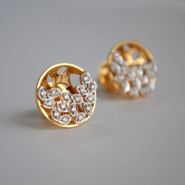 Diamond Earrings. Small Concave Circle Studs. 14K Gold Diamond 3D Studs. Crescent Moon. Diamond Leaf Earring. Screw Back