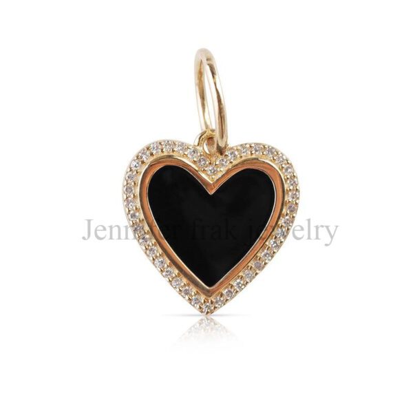 Pave Diamond Handmade Black Enamel Sterling Silver Heart Shape Pendant Jewelry