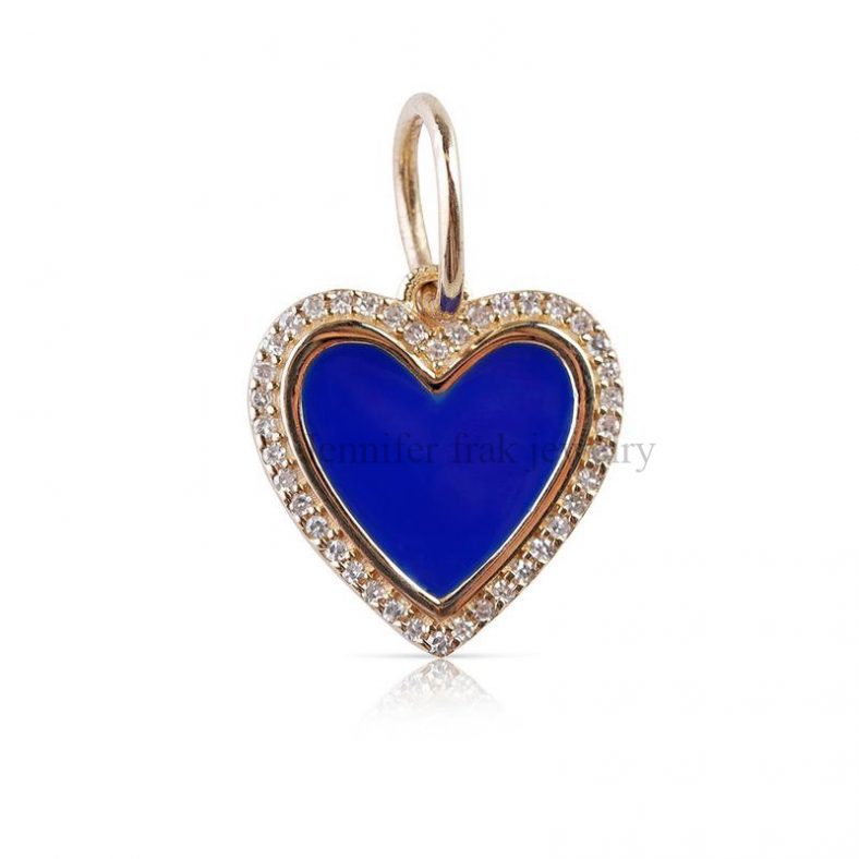 Pave Diamond Handmade Blue Enamel Sterling Silver Heart Shape Pendant Jewelry