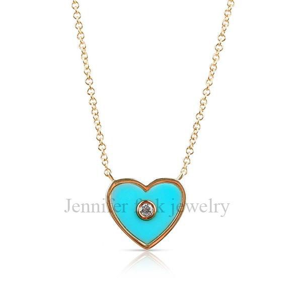 Pave Diamond Handmade Turquoise Enamel Sterling Silver Heart Shape Pendant Jewelry