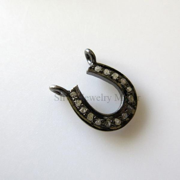 Natural Diamond Pave Horse Shoe Charm Pendant Finding, Sterling Silver Antique Finish Charm
