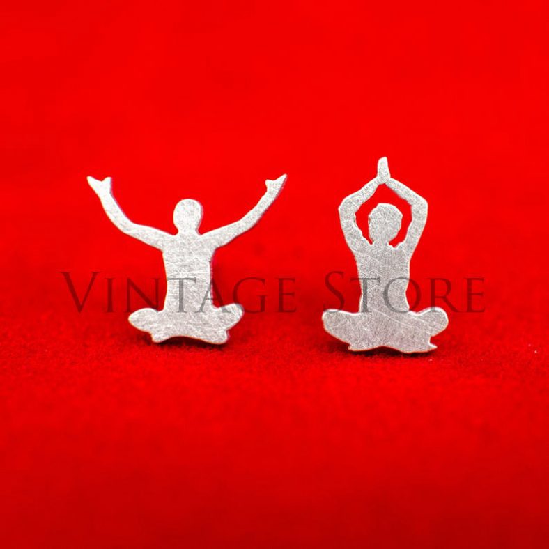 Cute yoga asanas mix sterling silver stud earrings. Hand cut tiny yoga studs. Yoga lovers gift. Yogi earrings