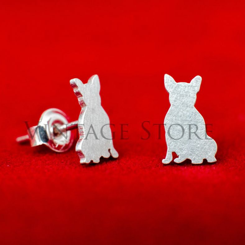 Handmade sitting French Bulldog 925 sterling silver stud earrings. Hand cut tiny dog studs. Animal lovers gift. Dog and Frenchies lovers gift.