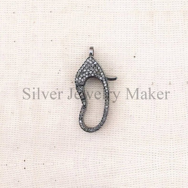 Pave Diamond Oxidized 925 Sterling Silver Lobster Clasp Lock Finding Jewelry