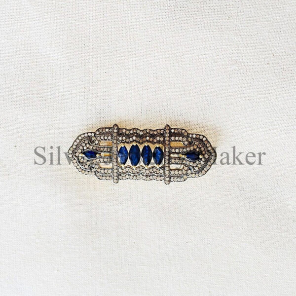 Pave Diamond Blue Sapphire & 925 Sterling Silver Brooch Pin Jewelry